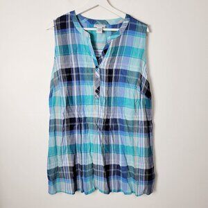 Catherines Size 1X Blue Plaid Gauzy Sleeveless Henley Blouse Top